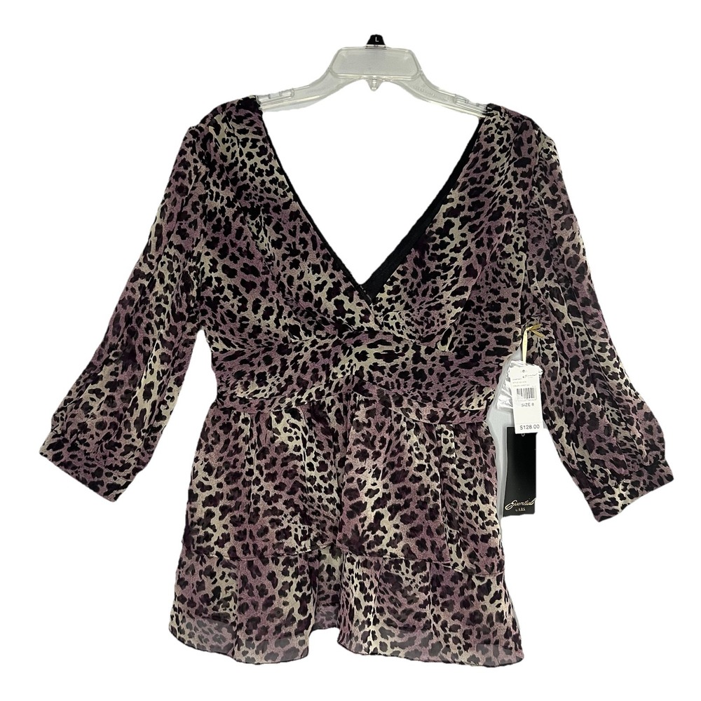 Vintage 90s Y2K Cheetah Print Babydoll V Neck Top Size 8 Flowy Mob Wives NEW‎